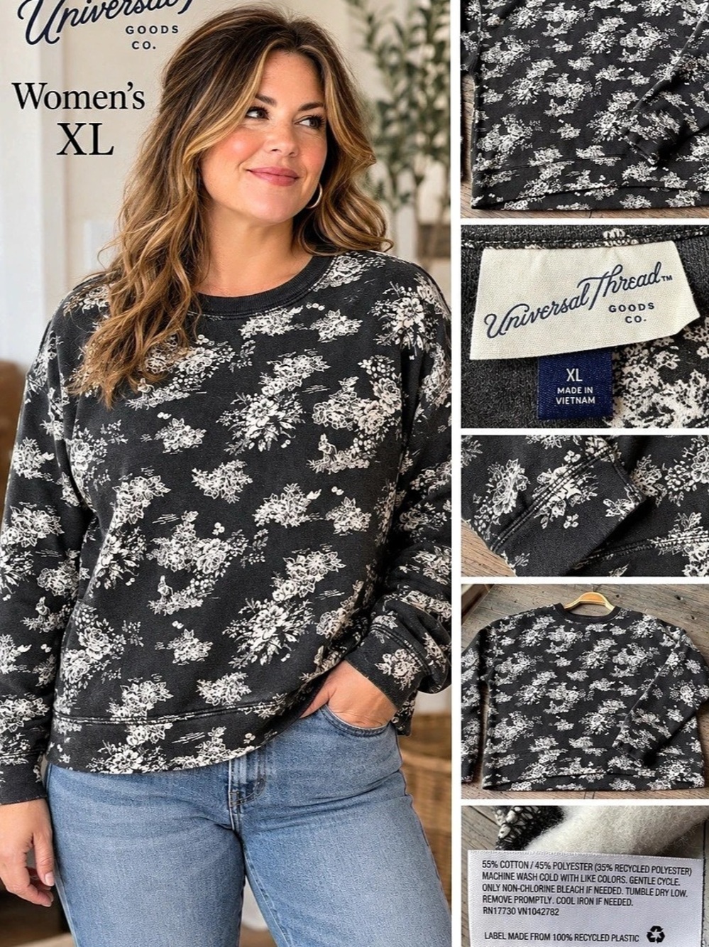 Universal Thread Floral Toile Crewneck Sweatshirt Womenโs XL Black White